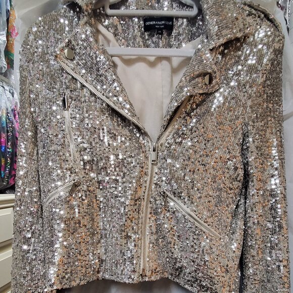 GENERATION LOVE ROBIN SEQUIN MOTO JACKET COLOR ARGENTO (SILVER) XS - Picture 1 of 2